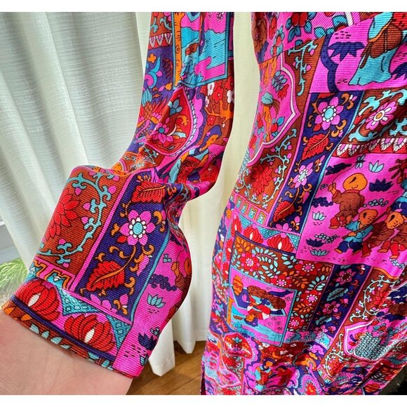 Vintage 70s dress, magenta, fuchsia, turquoise, orange, red novelty print, funky - Picture 6 of 10